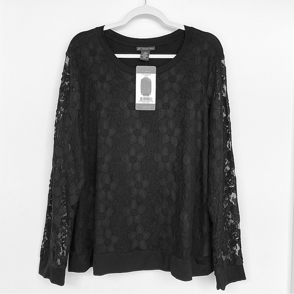 Adrianna Papell Floral Lace Overlay Front Sweatshirt Long Sleeves Round Neck - Picture 5 of 10